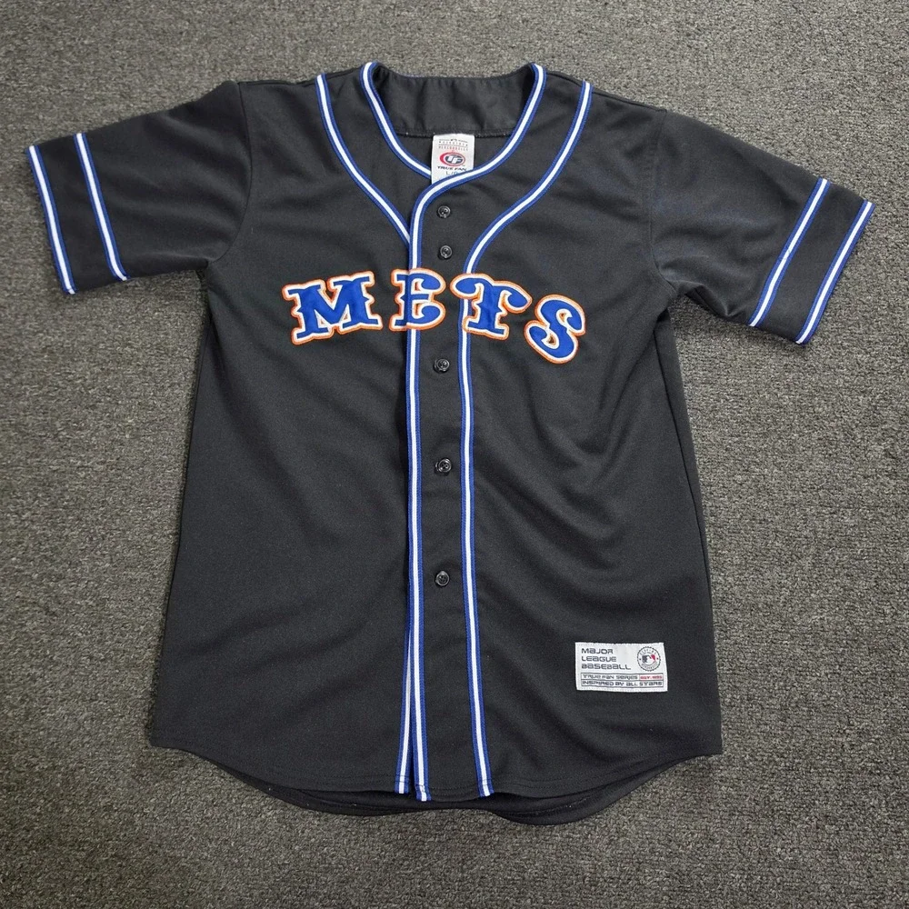 True Fan Mets Baseball Jersey Kids Large 12-14 Black MLB Button Black Blue
